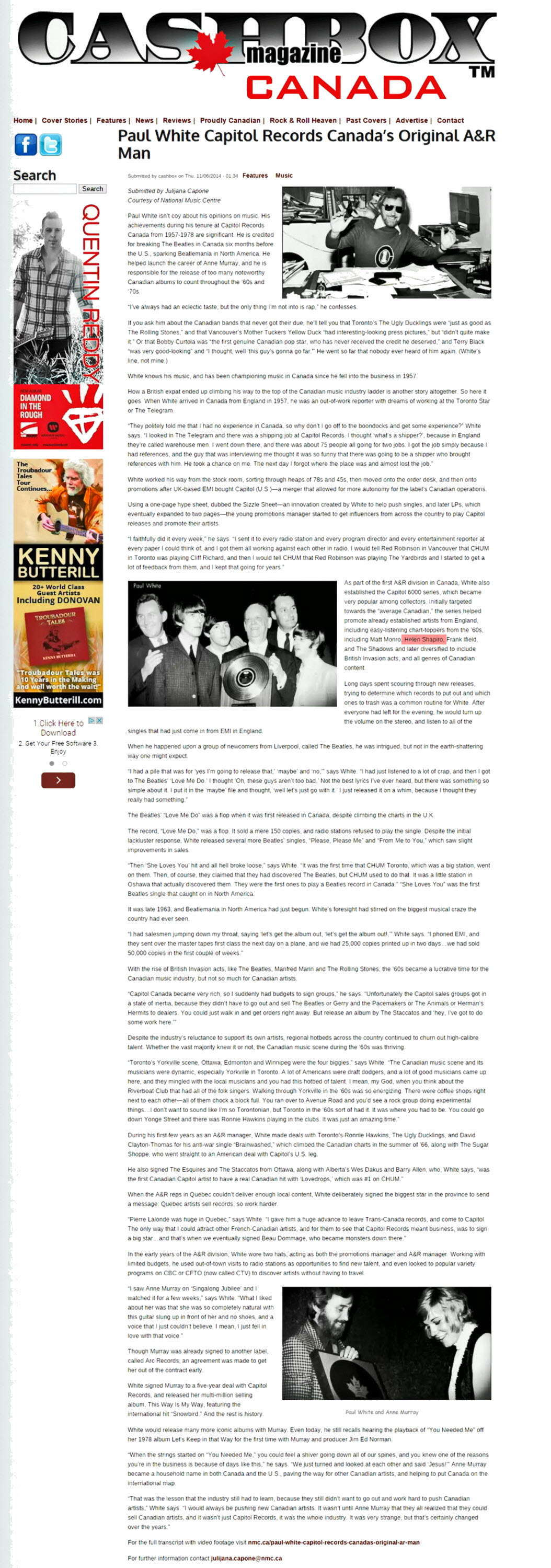 Cashbox Canada article 7th Novewmber 2014.